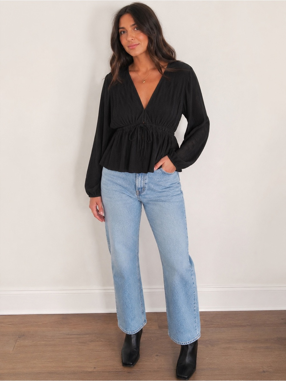 Abercrombie & Fitch Black V-Neck Drawstring Peplum Top